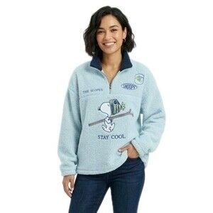 Peanuts Snoopy Embroidered Soft Sherpa Quarter Zip Pullover Relaxed Fit Women's